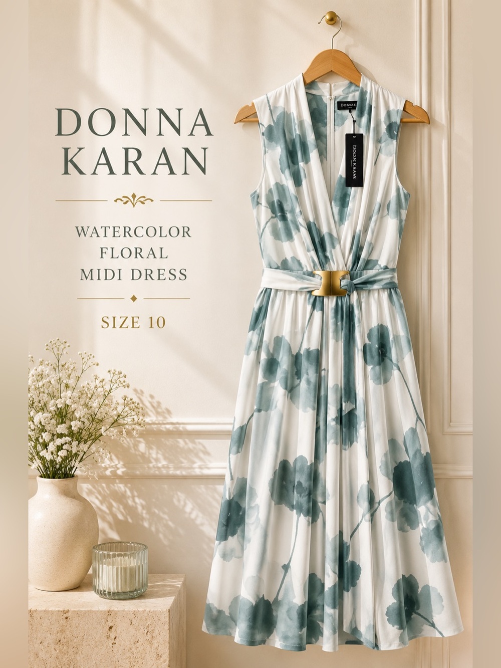 Donna Karan Watercolor Floral Belted Midi Dress Size 10 NWT